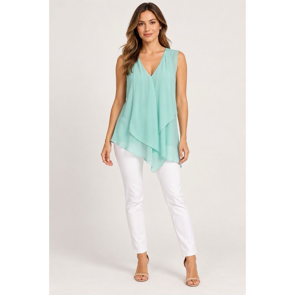 VENUS Aqua Sleeveless Surplice Blouse Layered Asymmetrical Hem Medium IU